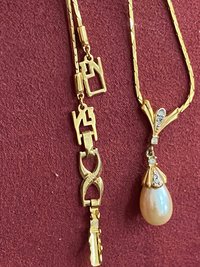 Vintage - Faux Pearl tear drop vermilled gold tone necklace and pierced earring set