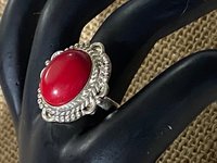 Large 925 Oval Red coral Art Nouveau statement ring