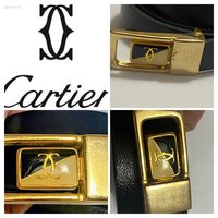 Vintage Two Tone Thin Cartier Logo Belt Buckle on black leather belt