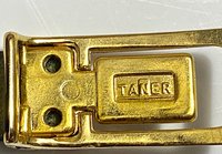 Vintage Two Tone Thin Cartier Logo Belt Buckle on black leather belt