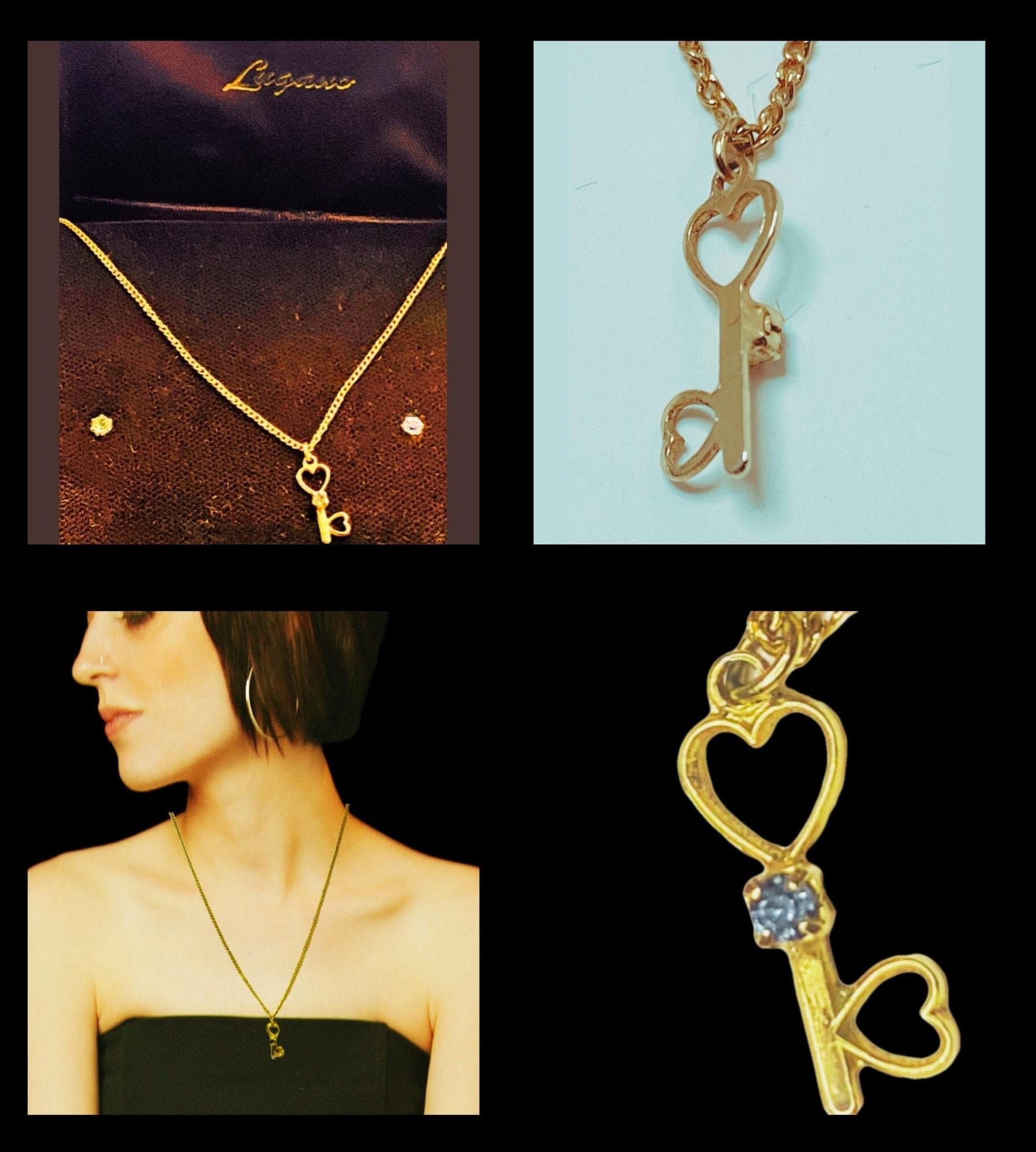 Vintage Lugano gold double plated chain with small key pendant and blue stud earrings set