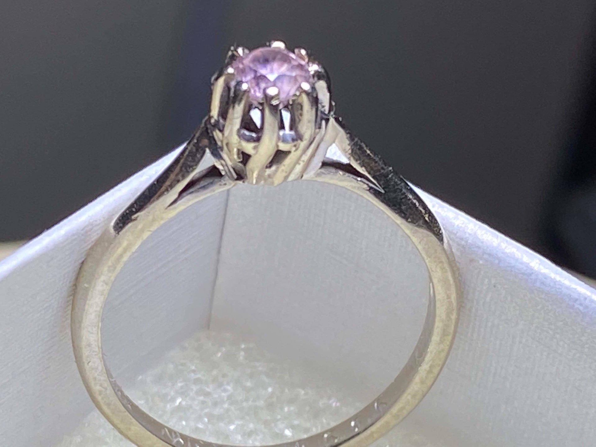 Vintage ArtCarved 14k white gold pink solitaire ring.