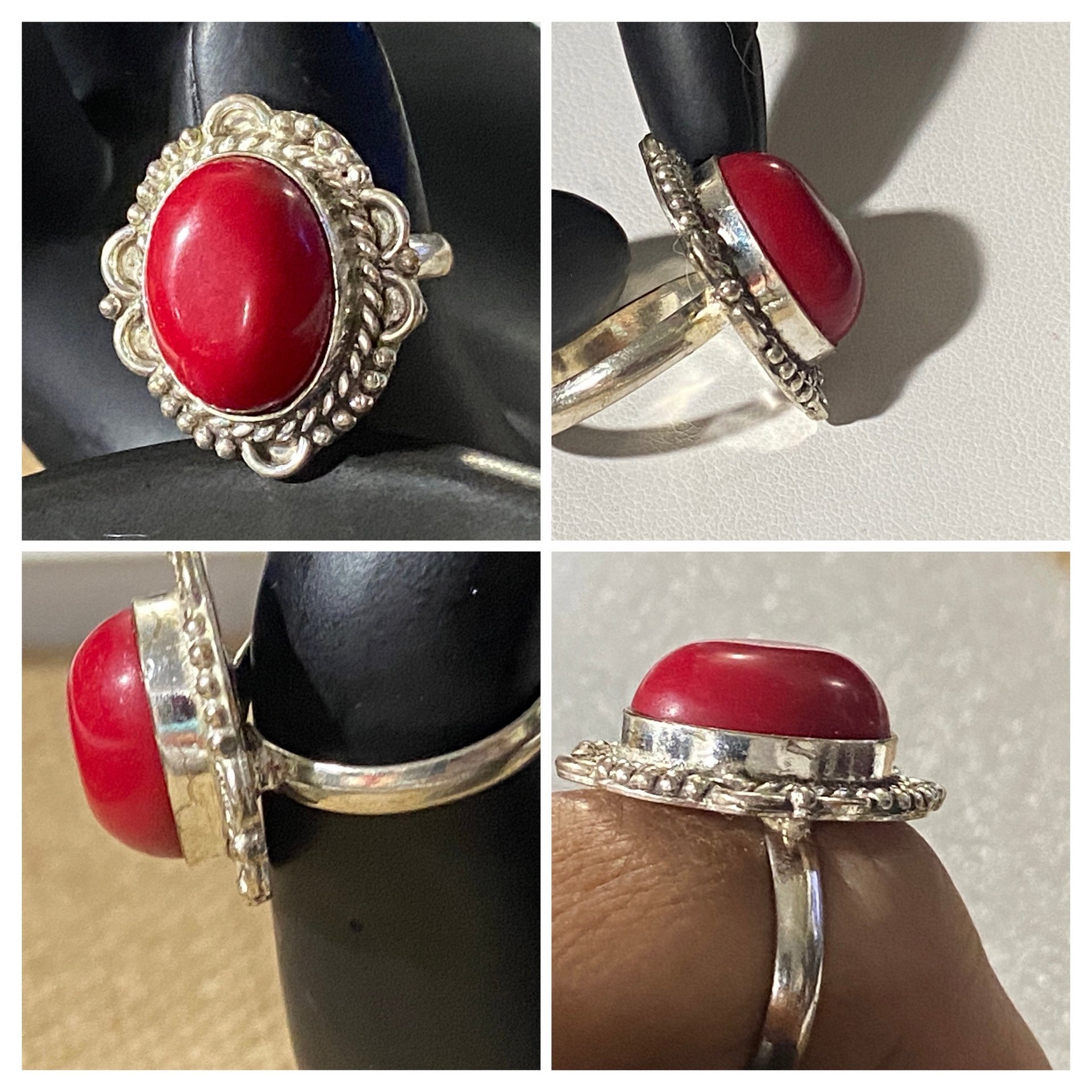 Large 925 Oval Red coral Art Nouveau statement ring