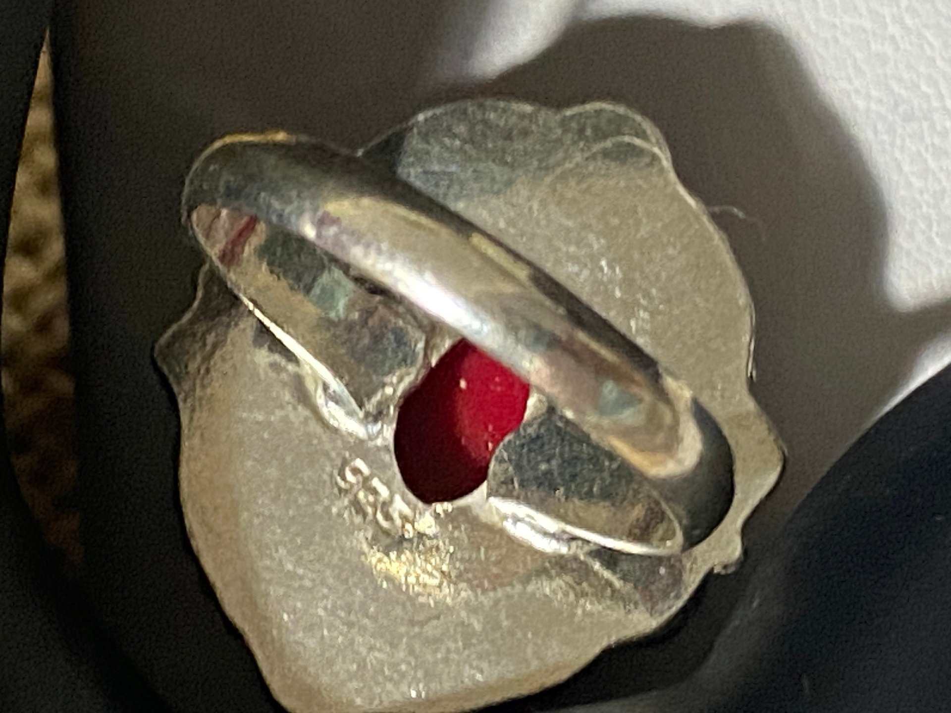 Large 925 Oval Red coral Art Nouveau statement ring