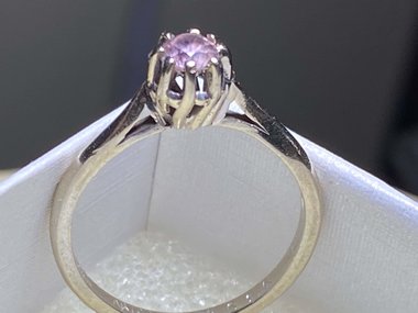 Vintage ArtCarved 14k white gold pink solitaire ring.