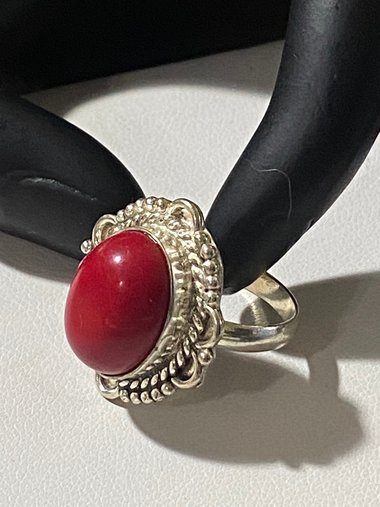 Large 925 Oval Red coral Art Nouveau statement ring